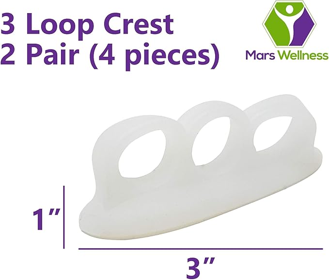 Mars Wellness Gel Toe Separators 2 Pair - 3 Loop Crest Toe Straightener - Gel Spacer for Hammertoe, Overlapping, Mallet
