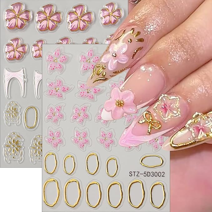 Flower Nail Stickers 5D Embossed Cherry Blossom Nail Decals Pink Floral Gold Star French Nails Art Stickers Cute Nails Supplies Spring Flower Manicure Decoration Accessories Charms for Women Girl 4Pcs