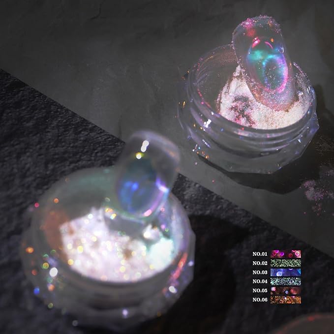 Ice Transparent Aurora Nail Powder Neon Rainbow Holographic Chameleon Powder Multi Chrome Iridescent Pigment Pearlescent Nail Art Glitters (6 Boxes Transparent)