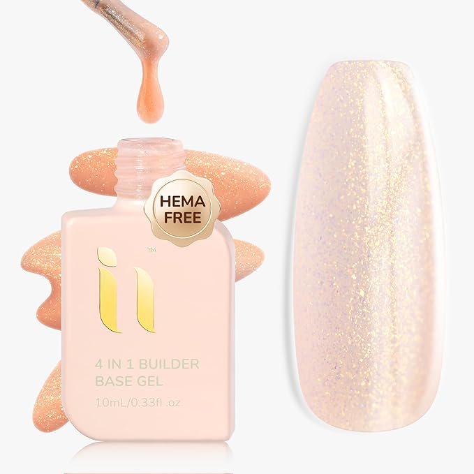 Hema Free Builder Base Gel, Soak Off Fall Winter Glitter Gel Nail Polish for Strengthening Nail Repair, LED UV Curing 10ml, Salon Shine Finish