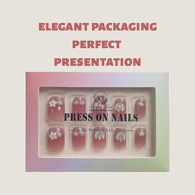 Tomato Red Short Squoval Press on Nails 30pcs with 3D Floral Design, Soft Fit Back, Durable Front Edge, Reusable Full Cover Fake Nails for Daily, Party, Wedding