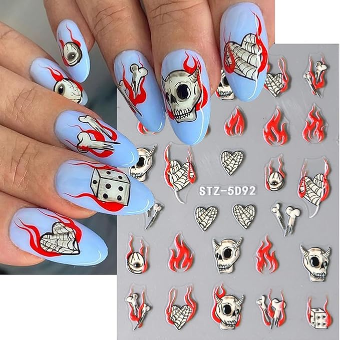 8 Sheets Halloween Nail Art Stickers - Goth Ghost, Skeleton Skull Spider Nail Decals - 3D, 5D Black Wing Nail Supplies - DIY French Manicure