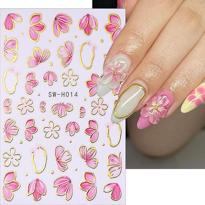 6Pcs Cherry Blossom Nail Art Sticker Decals Gold French Line Design Floral Stickers Flower Nail Stickers Peach Blossom Nails Decals Cute Manicure Decoration for Women DIY Spring Nails Supplies Charms