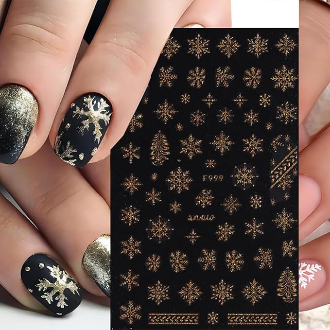 8 Sheets Christmas Snowflake Nail Art Stickers - Gold & White Snowflakes 3D Self-Adhesive Winter Holiday Nail Decals for Women & Girls