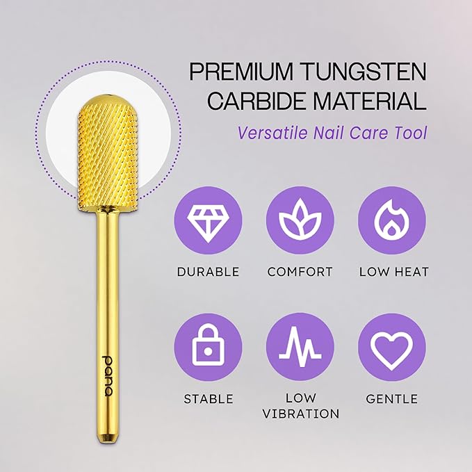 PANA 3/32" Large Smooth Round Top Safety Carbide Nail Drill Bit for Gel Polish & Acrylic Removal Nail Salon Manicure Pedicure Electric File Tools (Large Barrel - Gold, Medium)