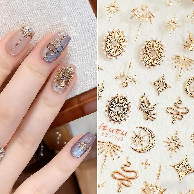 5D Embossed Nail Sticker Gold Snake Nail Art Sticker Self Adhesive Nail Decals Bronzing Stars Moon Star Nail Art for Women Girls Manicure Supplies Nails Art Decorations