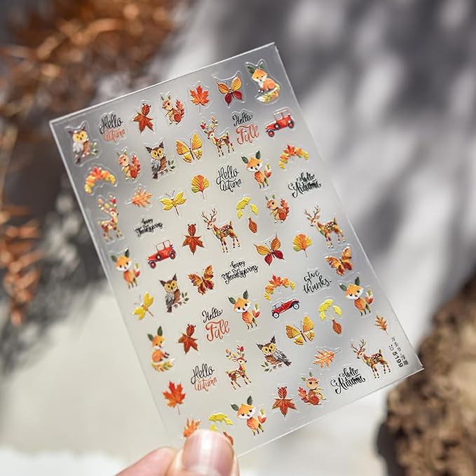 Fall 5D Embossed Nail Art Stickers Decals Thanksgiving Nail Decals Cute Squirrel Owl Butterfly Dragonfly Design Nails Art Supplies Self-Adhesive Autumn Leaves Nails Stickers for Women Manicure Decor
