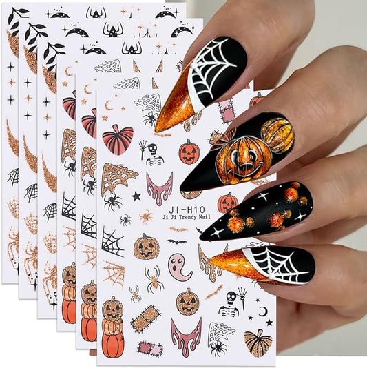 Halloween Nail Stickers for Nail Art, 3D Self-Adhesive Halloween Nail Decals Nail Art Supplies 6PCS Glitter Pumpkin Spider Web French Tip Cute Design Holiday Sticker for Women DIY Manicure Decorations