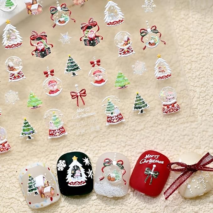 Christmas Nail Stickers 5D Self-Adhesive Winter Nail Art Sticker Snowman Snowflakes Nail Decals Christmas Crystal Ball Nail Design Xmas Tree Nail Art Decoration for Women and Girls