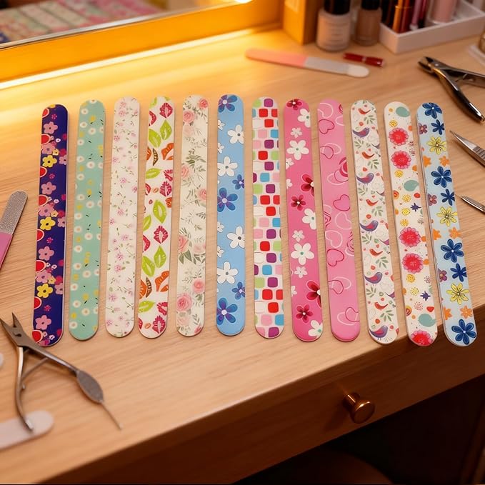 24 Nail Files, Colored Emory Plate Nail Files Double Sided 180 Grains Professional Manicure Emory Plate Buffer Pedicure Tools Nail Shaping Polishing Files (Flower Series, Count, 24, 100/180 Grit)