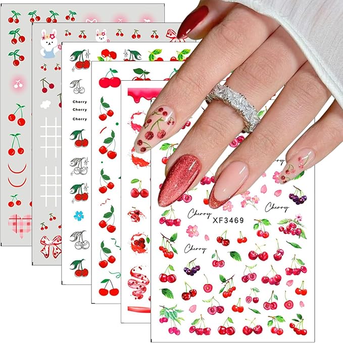 6Sheets Cherry Nail Art Stickers Decals Summer Fruit Nail Stickers 3D Self-Adhesive Strawberry Bow Nail Art Design Supplies Cute Fruits Rabbits Nail Decals for Women and Girls Acrylic Nails Decoration