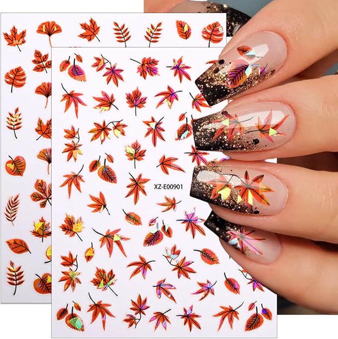 12 Sheets Fall Nail Art Stickers Decal Laser Glitter 3D Self-Adhesive Nail Stickers Design Autumn Maple Leaf Red Fox Pumpkin Nail Decals for Women DIY Thanksgiving Holiday Nail Decorations Supply