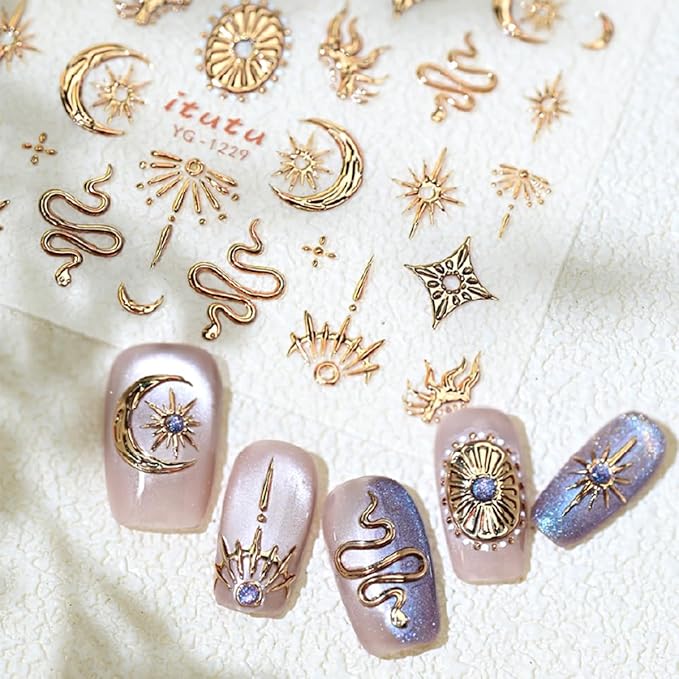 1 Sheets Embossed Gold Nail Stickers for Nail Art 5D Self Adhesive Design Gold Flame Snake Nails Decals Star Nail Art Stickers Bronzing Sun Moon Star Nails Supplies for Women DIY Manicure