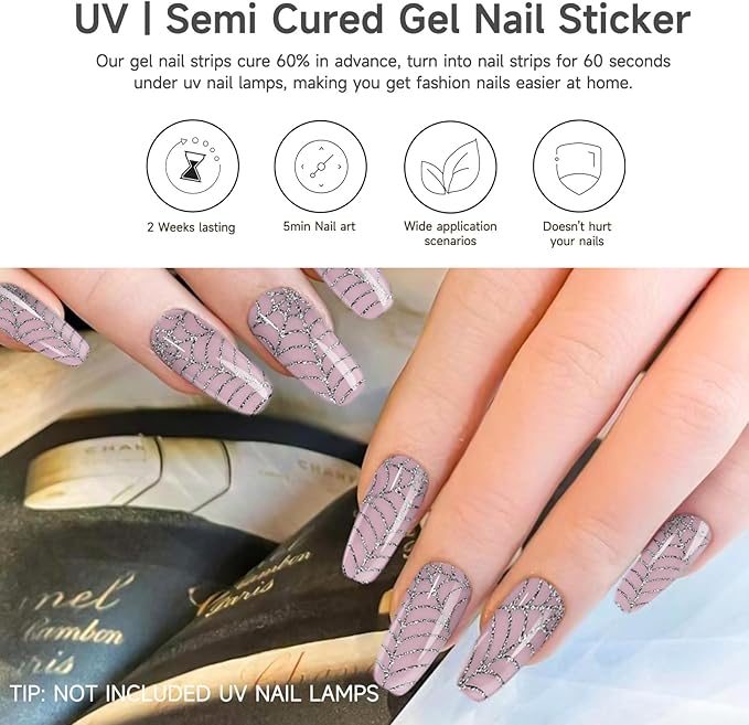 Semi Cured Gel Nail Strips | 28 pcs Gel Nails Strips Halloween Work with Any UV Lamps, Long Lasting UV Nail Stickers for Women DIY Nails Wraps (Spider Web)