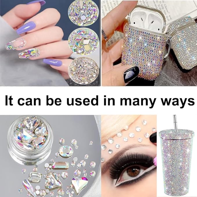 2680Pcs AB Nail Rhinestones, Big Colorful AB Nail Charms, Diamond Gems Stones with 2560Pcs AB Flatback Round Beads, Clear Acrylic Colored Glass Jewelry for Nails Faces Eyes Makeup Decoration