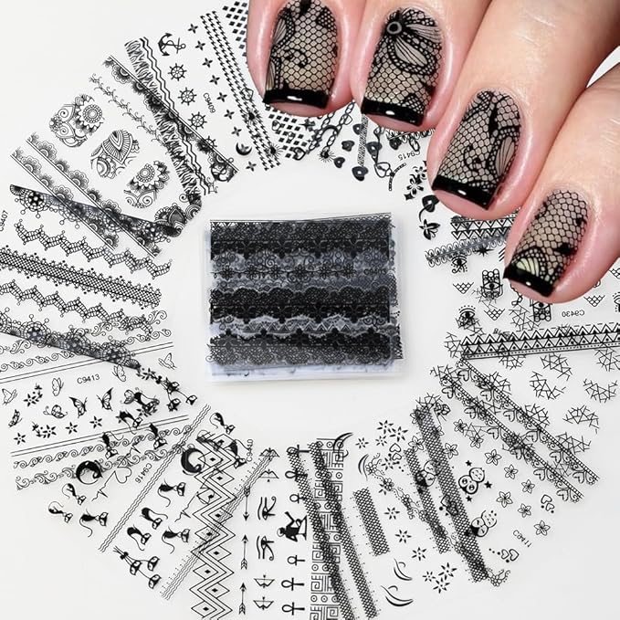 30 Sheets Black Nail Art Stickers 3D Self-Adhesive Black Lace Hollow Nail Decals 3D Black Retro Cat Flower Star Moon Heart Nail Stickers Nail Art Design for Women DIY Acrylic Nails Decoration