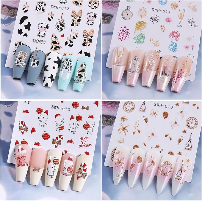 8 Sheets Christmas Nail Art Stickers - 3D Clock Glitter Firework Balloon Design, Candy Cane Cute Cartoon Cow Light Decals for Winter Xmas and New Year's - Supplies for Women Girls
