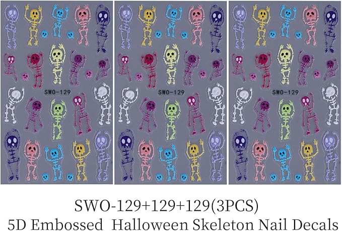 Halloween Nail Art Stickers Decals 5D Embossed Skeleton Nail Stickers 3PCS Rainbow Color Skull Skeleton Halloween Nails Design Adhesive Sticker Manicure Sliders for Women Holiday Nail Art Decorations