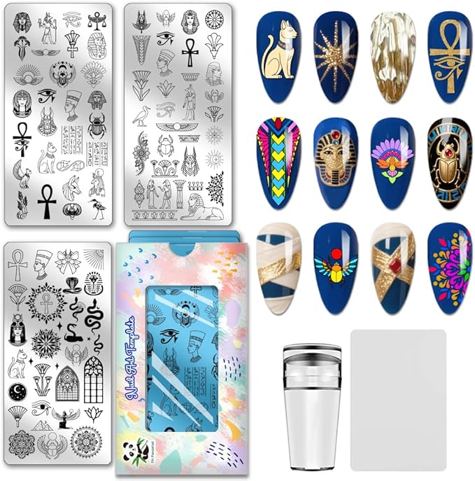 PH PandaHall 3pcs Egyptian Elements Nail Stamping Plates Pharaoh Nail Image Plates Cats Snakes Nails Art Stencils Egypt Icons Manicure Art Templates for Women DIY Manicure Printing Design Supplies