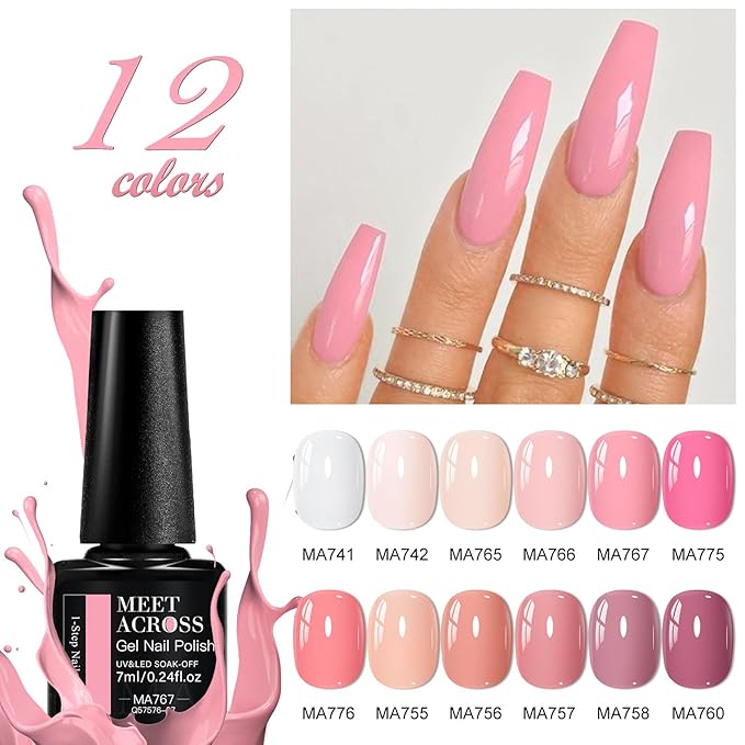 MEET ACROSS One Step Gel Polish Nude Pink Peach 3-in-1 Gel Nail Polish Set Skin Tones Neutral Soak Off Gel Nail Kit Manicure DIY Nail Art Salon Home Gift 12pcs*7ml