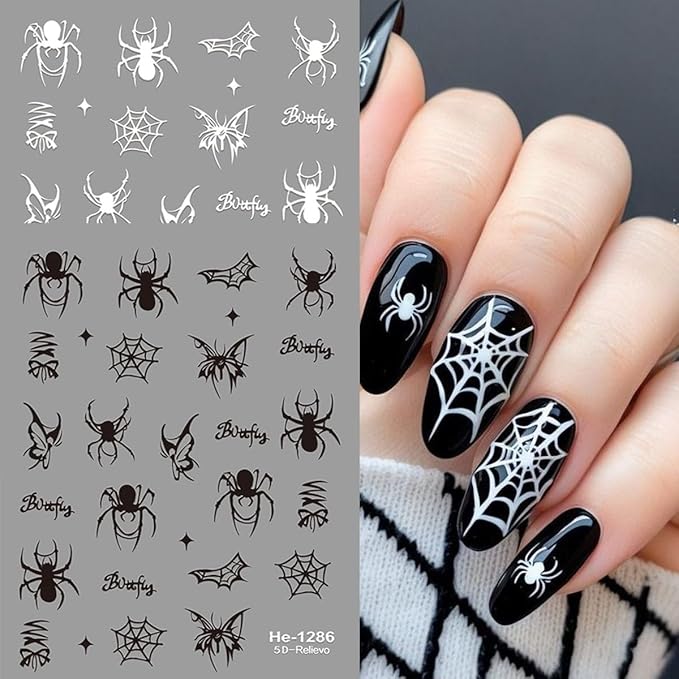 6 Sheets Spider Nail Stickers 3D Cute Black White Red Spider Nail Art Decals Self-Adhesive Halloween Spiders and Spider Web Nails Design Supplies Holiday Stickers for Women DIY Acrylic Manicure Tips
