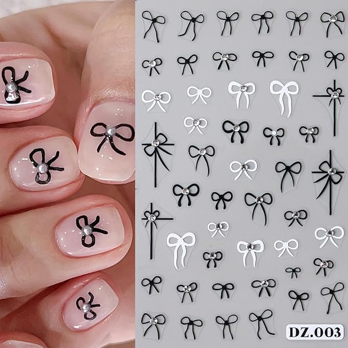 6 Sheets Rhinestones Bow Nail Stickers for 3D Self-Adhesive Flower Nail Art Decals With Glitter Design Red Black Acrylic Nail Art Supplies for Women DIY Manicure
