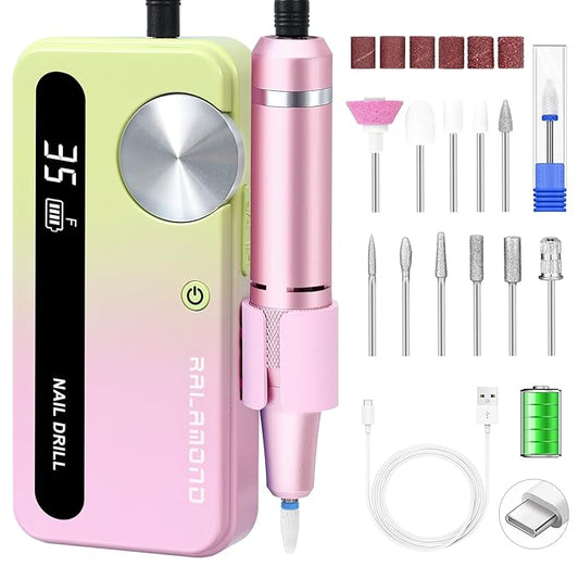 Electric Nail File, 35000RPM Nail Drill Kit with Bits, Professional Nail Drill Cordless for Acrylic Nails, Portable Rechargeable Nail Filer Electric, Efile Nail Drill Acrylic Nails Tool (Yellow Pink)