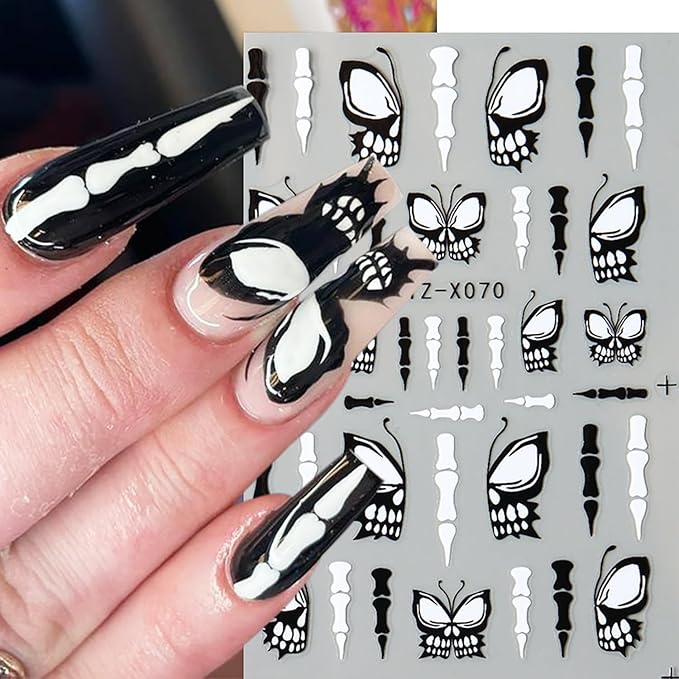 4 Sheets Halloween Nail Decals for Nail Art 3D Spider Web Nail Art Stickers with Diamond Designs Self-Adhesive French Tip Glitter Bat Nail Sticker Skeleton Butterfly Nail Decal for Women Nails Decor