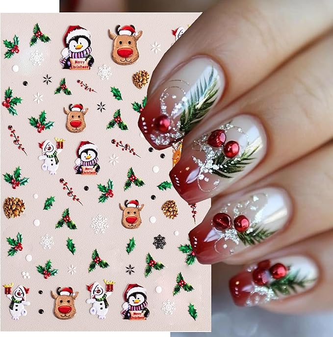 6Sheets Cute Christmas Nail Art Stickers 5D Embossed Cute Santa Claus Elk Designs Nail Decals Self-Adhesive Snowman Snowflake Nail Sticker Xmas Tree Gingerbread Man Nail Decal for Women Nails Decor