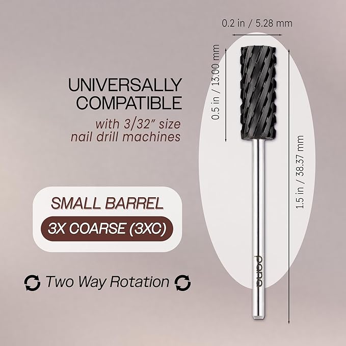 USA PANA Professional 3/32" Shank Size - Flat Top Small Barrel Carbide Bit - 5X Coarse Grit to Extra Fine Grit - Gold, Silver, DLC Black - Nail Drill Bit for Dremel Machine (3X Coarse, DLC Black)