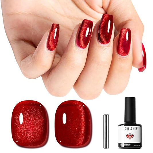 modelones Red Cat Eye Gel Nail Polish,15 ML Magnetic Glitter Holographic Red Ruby Glass Polish Reflective Jelly Translucent UV Gel Top Coat Manicure Art DIY Salon Gift for Girl Women