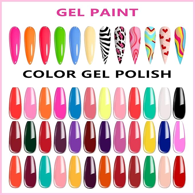 36 Colors Gel Paint Kit, Solid Gel Nail Polish Set with Nail Brush for Nails Art Whole Set Starter Manicure Nail Art Design Salon DIY at Home