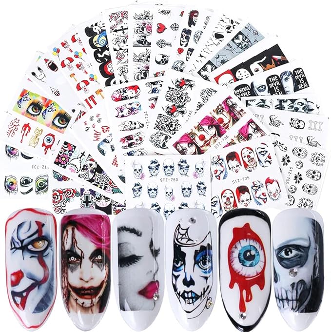 24 Sheets Halloween Nail Stickers Day of The Dead Water Transfer Nail Decals Skull Ghost Eye Hulk Clown Witch DIY Nail Art Stickers Halloween Party Supply Fingernails Toenails Decoration