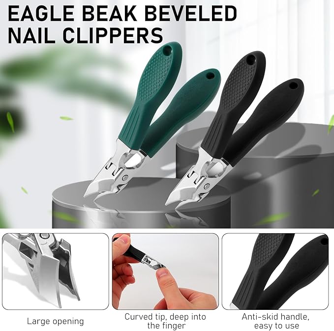 Eagle Beak Beveled Nail Clippers, Wide Jaw Opening Anti-Splash Slanted Nail Clipper Set, Eagle Beak Angled Nail Clippers 3-Piece Set, for Thick and Ingrown Nails (Black)