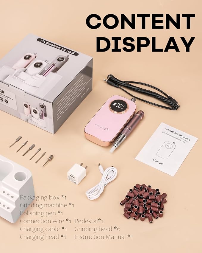 45000 RPM Nail Drill - Brushless Cordless Efile LCD Display & Heat Reduction Tech for Acrylic Gel Nails (Pink)