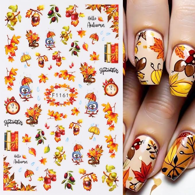 Fall Nail Art Stickers Decal 3D Maple Leaf Elk Pumpkin Self-Adhesive Nail Decals Thanksgiving Nail Stickers for Women DIY Manicure Autumn Party Nail Decorations Supply 6 Sheets
