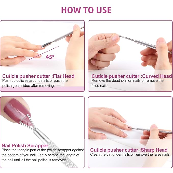 Premium Cuticle Pusher and Gel Polish Remover Set with Nail Files, Professional Grade Stainless Steel Cuticle Remover, Durable Pedicure Manicure Tools Nail Care Kit for Fingernails Toenails Silver