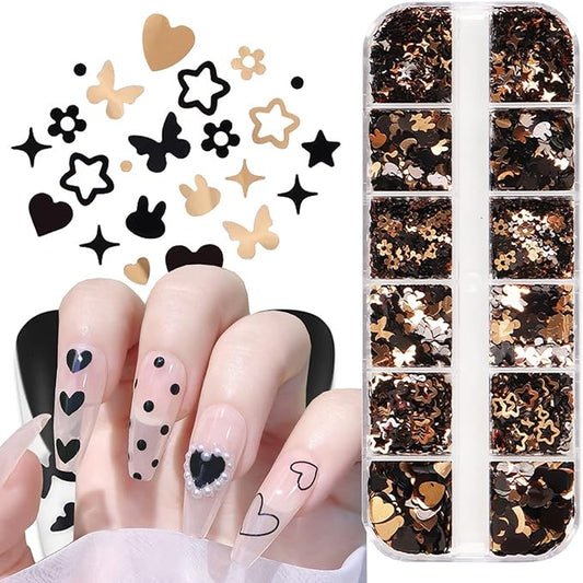 Holographic Nail Art Glitter Sequins, 3D Gold Black Glitter Flakes Nail Art Designs, Love Heart Butterfly Star Floral Acrylic Nails Supplies for Women Girls Manicure Decorations DIY Shiny Nails Crafts