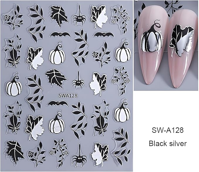 Halloween Nail Art Stickers, Glitter Pumpkin Ghost Nail Art Decals 3D Self-Adhesive Whit Gold Heart Spider Web Bat Black Leaf Nail Design 8Pcs Halloween Nail Art Supplies for Women Nail Decoration