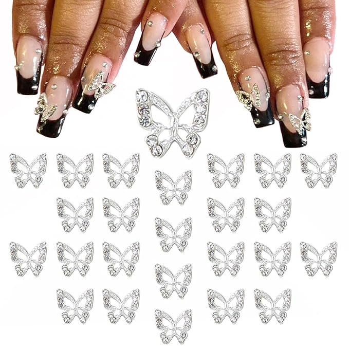 24pcs Silver Butterfly Nail Charms Bulk 3D Charms for Acrylic Nails, Butterflies Nail Rhinestones Charms Nail Alloy Studs Nail Art Jewels Diamonds Gems Decor Supplies for Nails Face Makeup DIY