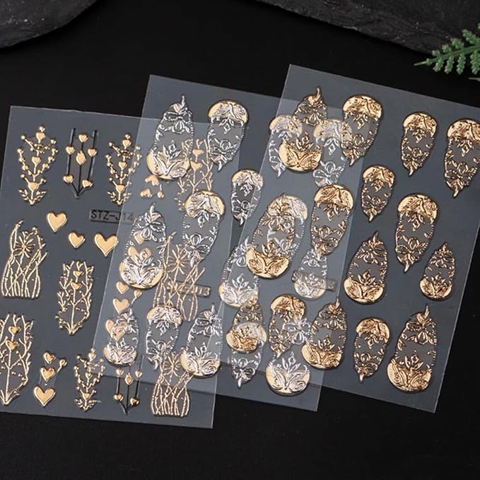 5D Embossed Flower Nail Art Stickers 3 Sheets Metallic Retro Totem Nail Decals Gold Silver Flowers Heart Tree Nail Stickers Luxury Nails Design Supplies French Tip Manicure Accessories for Women DIY
