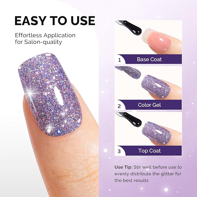 MelodySusie Galaliver Glitter Gel Nail Polish, 15ML Sparkly Shimmer Gel Polish Soak Off UV LED Cured Long Lasting Gift for Women DIY Nail Design Nail Art Manicure Courage Purple X05