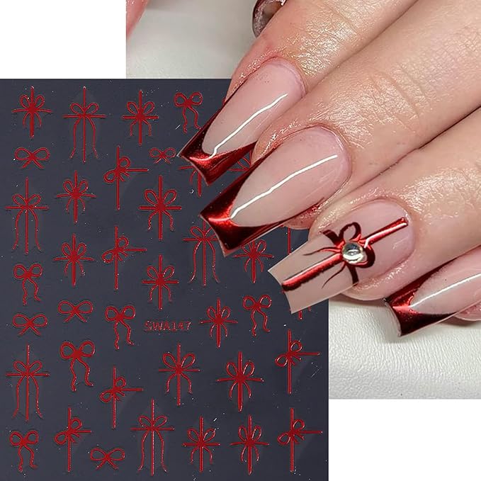 6Pcs Christmas Nail Art Stickers 3D Bow French Tips Line & Gold Red Green Christmas Bow Designs Xmas Nail Supplies French Nail Tip Foils Winter New Year Manicure Decoration Accessories
