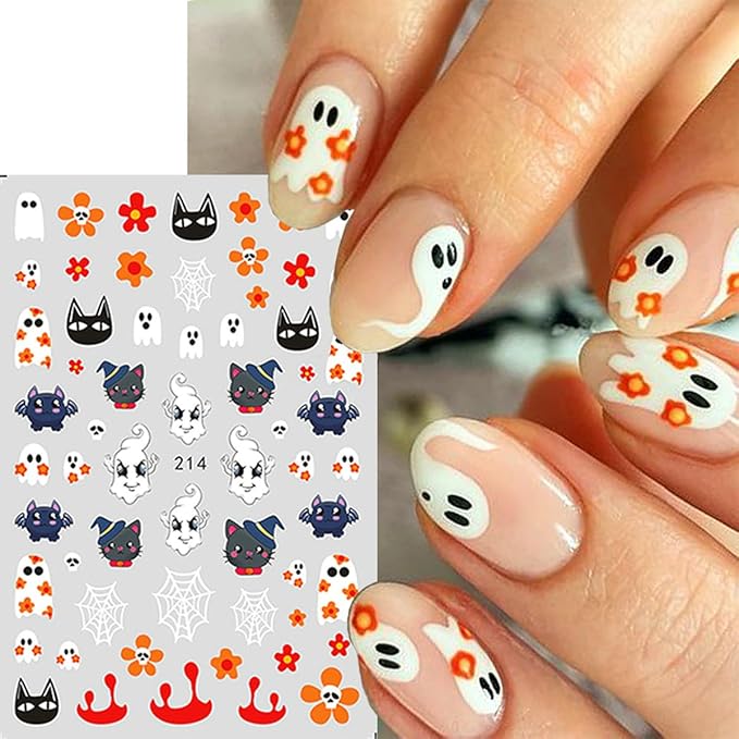 8 Sheets Halloween Nail Art Stickers - Cute Ghost Pumpkin 3D Self Adhesive Decals - Glitter Flower Spooky Design Gothic Bat for Women DIY Manicure Supplies