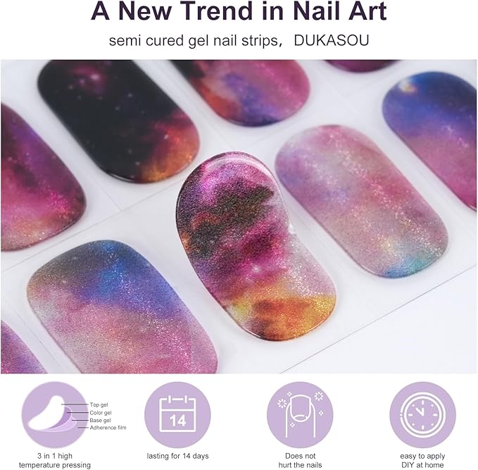 Semi Cured Gel Nail Strips, 28 pcs Gel Nails Stickers for Women Work with Any UV Lamp, Long Lasting UV Gel Nail Strips for Home DIY Nails Art (Smudge Starry Sky)
