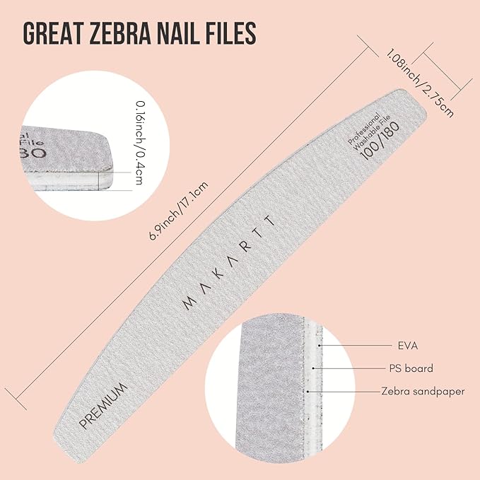 Makartt Nail File: 100/180 Grit Emery Boards for Nails, 10 Pcs Zebra Doubled Sides Coarse Fingernail Filer for Acrylic and Extension Gel Removal Manicure Kit Salon Home Use