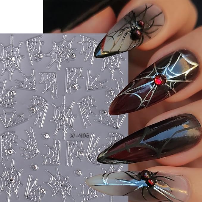 4 Sheets Spider Web Nail Stickers 3D Self-Adhesive Halloween Nail Art Stickers Laser White Silver Gold Spider Web with Rhinestones Horror Design Goth Nail Decals Nail Supplies for Women Acrylic Nail