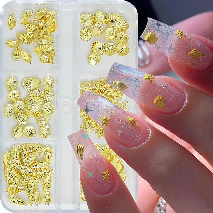6 Grids Summer Ocean Metal Nail Art Charms 3D Beach Gold Seashell Starfish Nail Charms for Acrylic Nails Sparkling Golden Seahorse Conch Nail Art Jewelry for Women Manicure Decoration Accessory