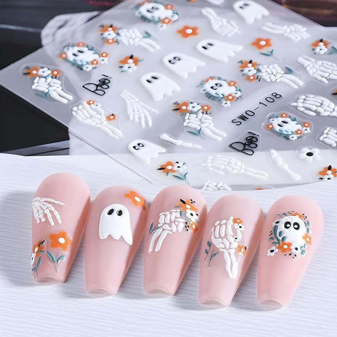4 Sheets Halloween Nail Art Stickers Ghost Nail Art Stickers 5D Self-Adhesive Spider Nail Decals with Flower Design Pumpkin Black Cat Nails Art Spider Web Nail Supplies for Women