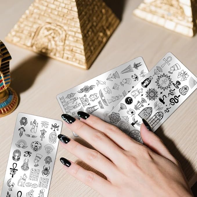 PH PandaHall 3pcs Egyptian Elements Nail Stamping Plates Pharaoh Nail Image Plates Cats Snakes Nails Art Stencils Egypt Icons Manicure Art Templates for Women DIY Manicure Printing Design Supplies
